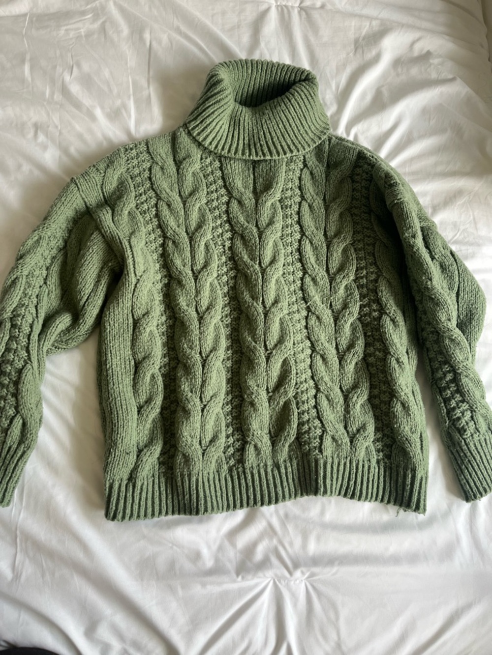 Woven Heart Cable Knit Turtleneck Sweater in Sage Green